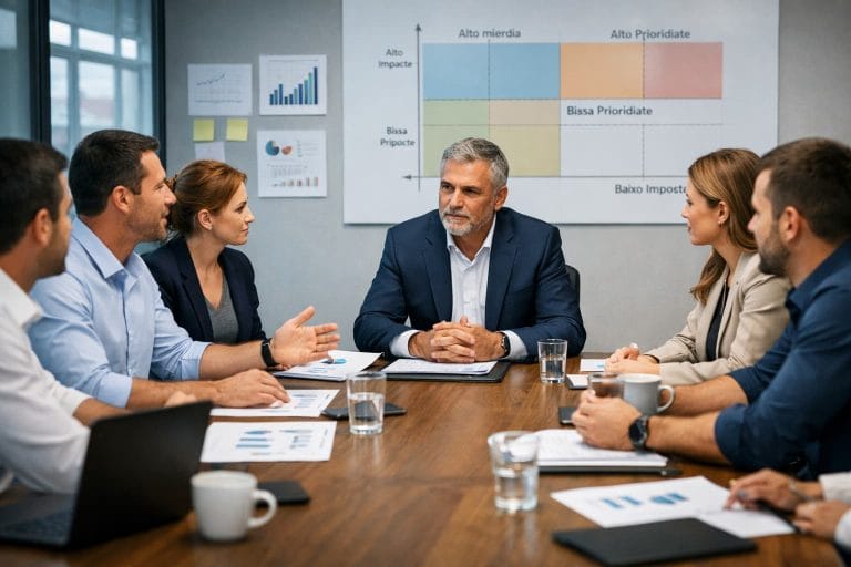 CEO sentado à cabeceira de uma mesa ouve gestores durante reunião corporativa com relatórios e gráficos organizados sobre a mesa.