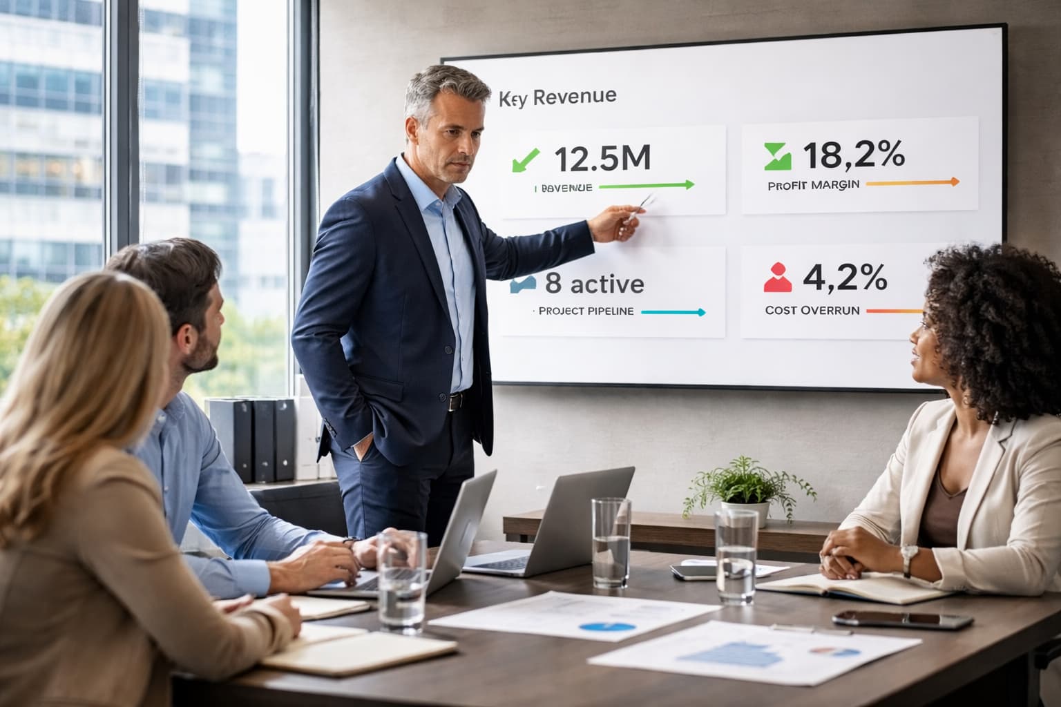 Executivos reunidos em sala de reunião analisam poucos indicadores exibidos em um quadro, enquanto um gestor aponta métricas para orientar a decisão do grupo.
