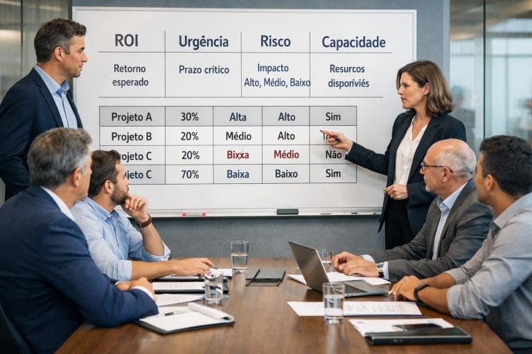 Executivos de diferentes áreas analisam um quadro com critérios de ROI, urgência, risco e capacidade durante reunião estratégica.