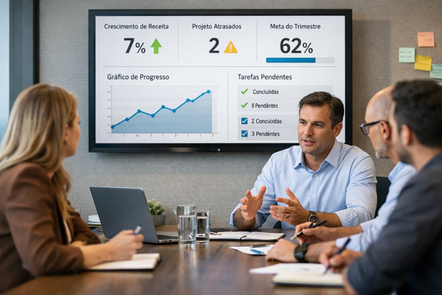 Equipe de quatro profissionais reunida em sala de reunião, analisando poucos indicadores exibidos em uma tela com gráficos e números de desempenho.