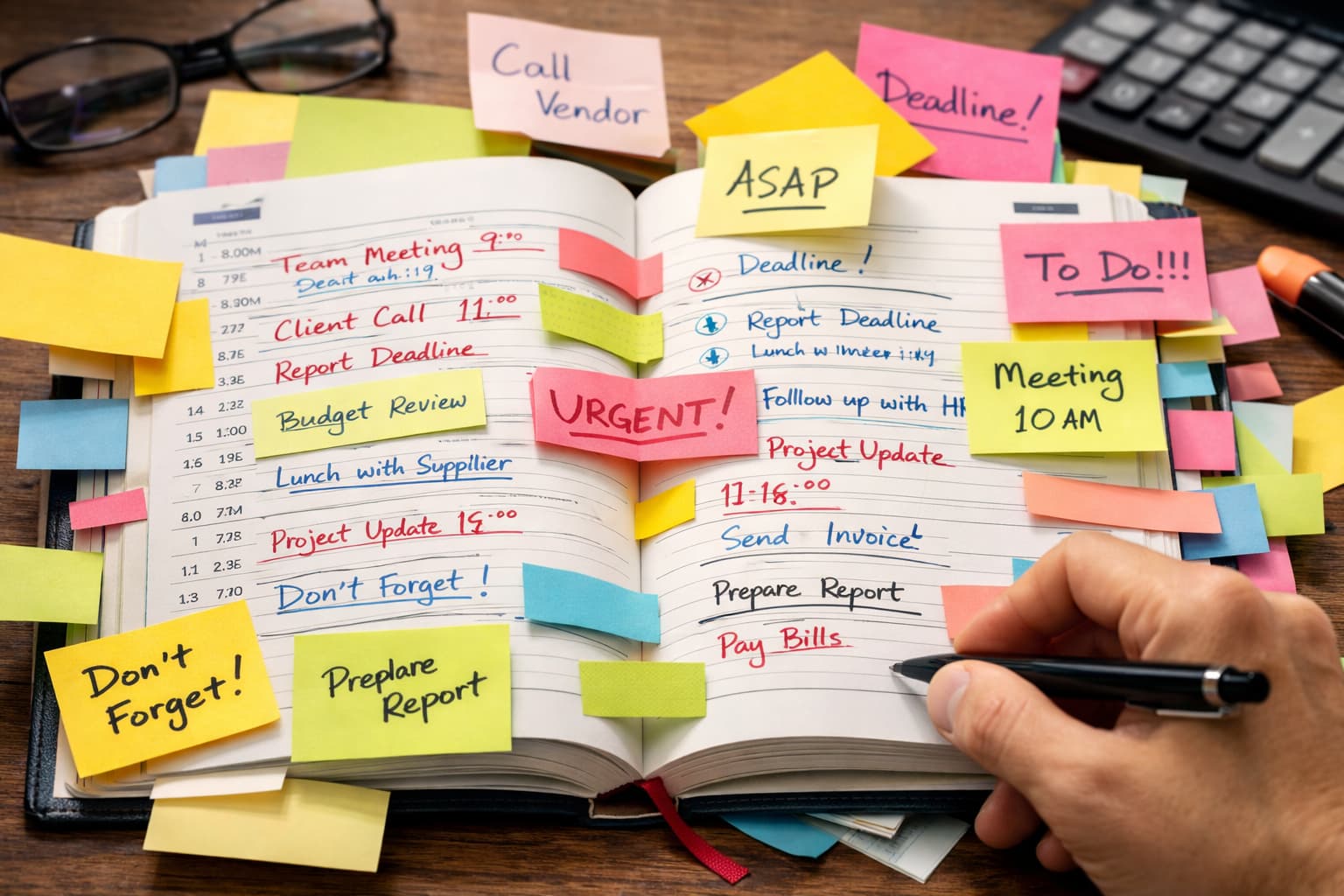 Close em planner aberto com anotações de reuniões, prazos e diversos post-its coloridos marcando tarefas urgentes sobre a mesa.