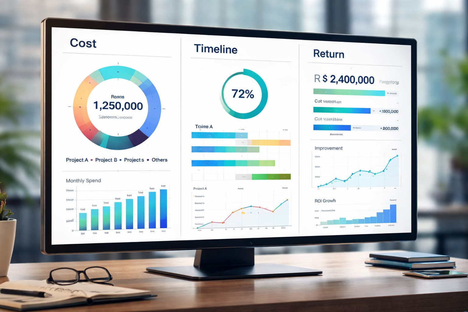 Tela de computador exibindo um dashboard corporativo com gráficos e indicadores de desempenho relacionados a custos, prazos de projetos e retorno financeiro.