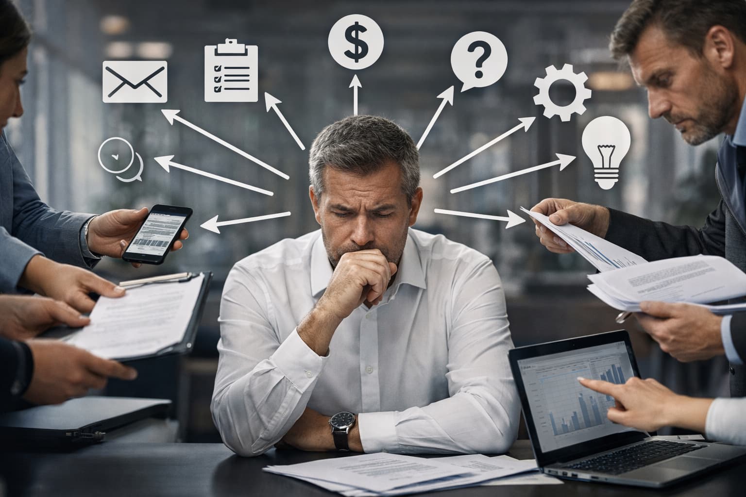 Homem sentado em mesa de escritório recebendo múltiplas demandas enquanto decisões e tarefas convergem para ele