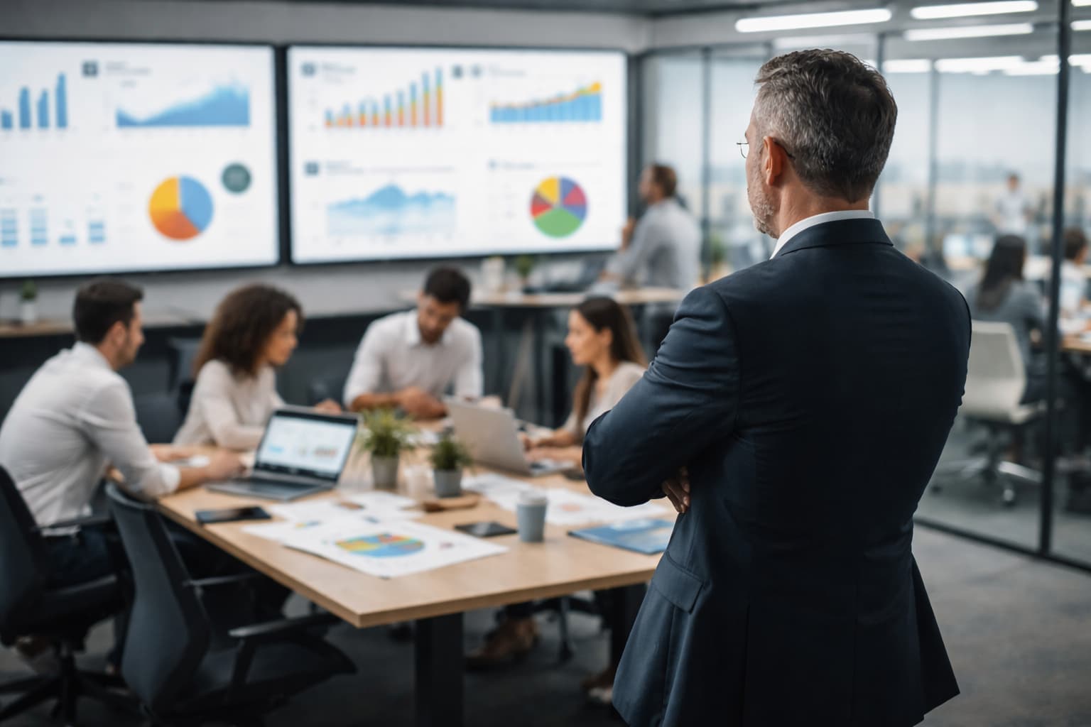 Empresário observa equipe reunida trabalhando enquanto painéis exibem gráficos e indicadores de desempenho ao fundo