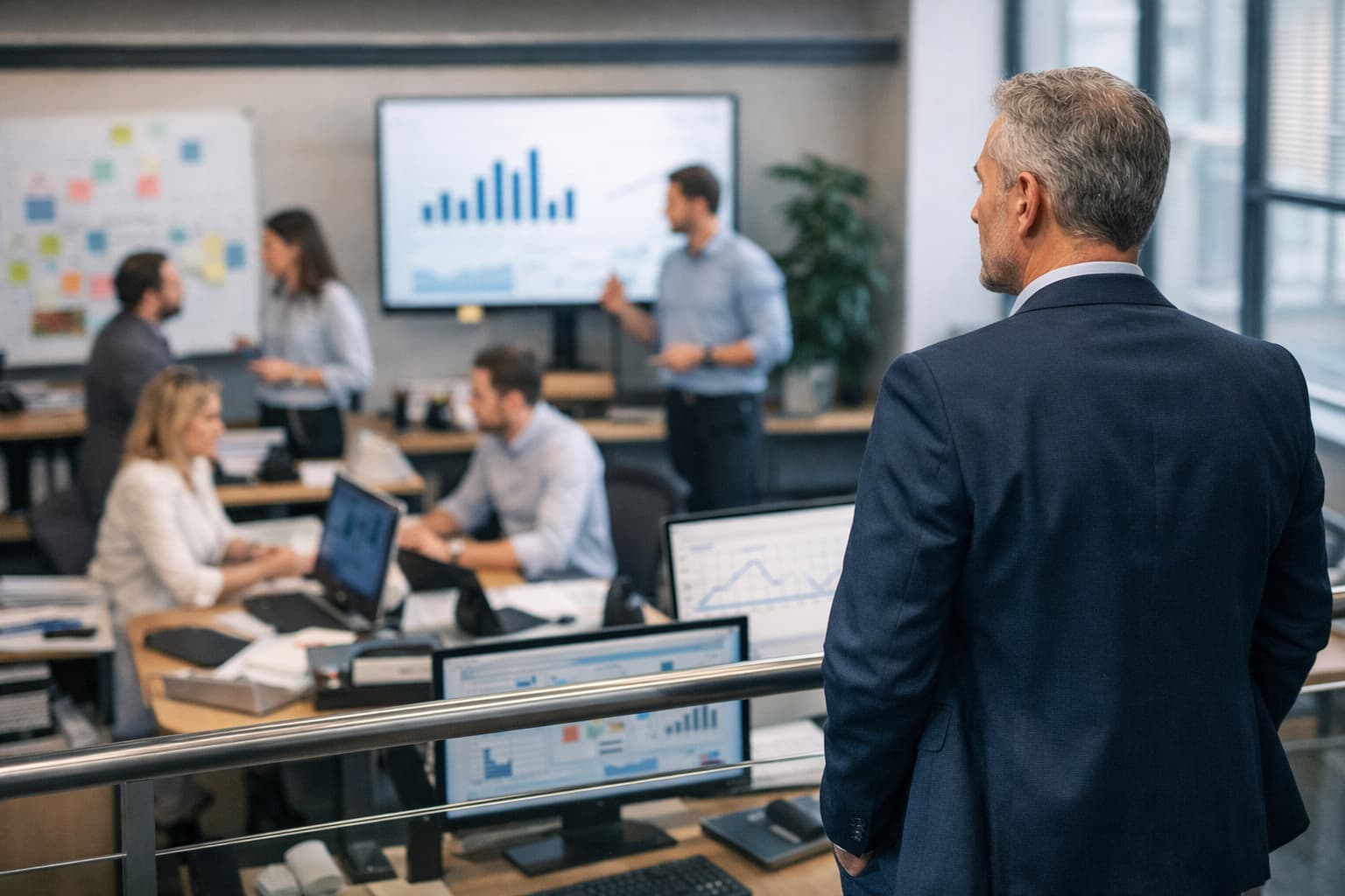 Homem de negócios observa equipe trabalhando de forma independente em escritório moderno, com pessoas reunidas em atividades operacionais e estratégicas