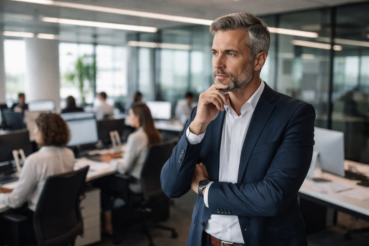 Homem de terno observa equipe trabalhando em escritório moderno enquanto segura o queixo de forma pensativa