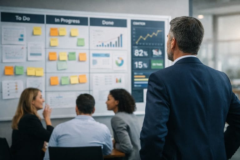 Empresário em pé observa quadro de gestão de projetos com indicadores e tarefas enquanto três colaboradores conversam sentados em uma sala de reuniões.