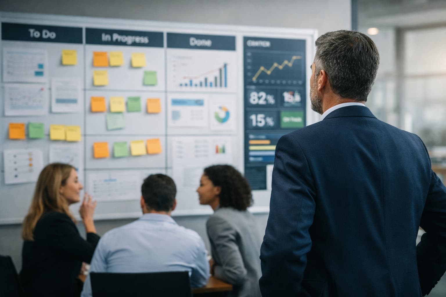 Empresário em pé observa quadro de gestão de projetos com indicadores e tarefas enquanto três colaboradores conversam sentados em uma sala de reuniões.