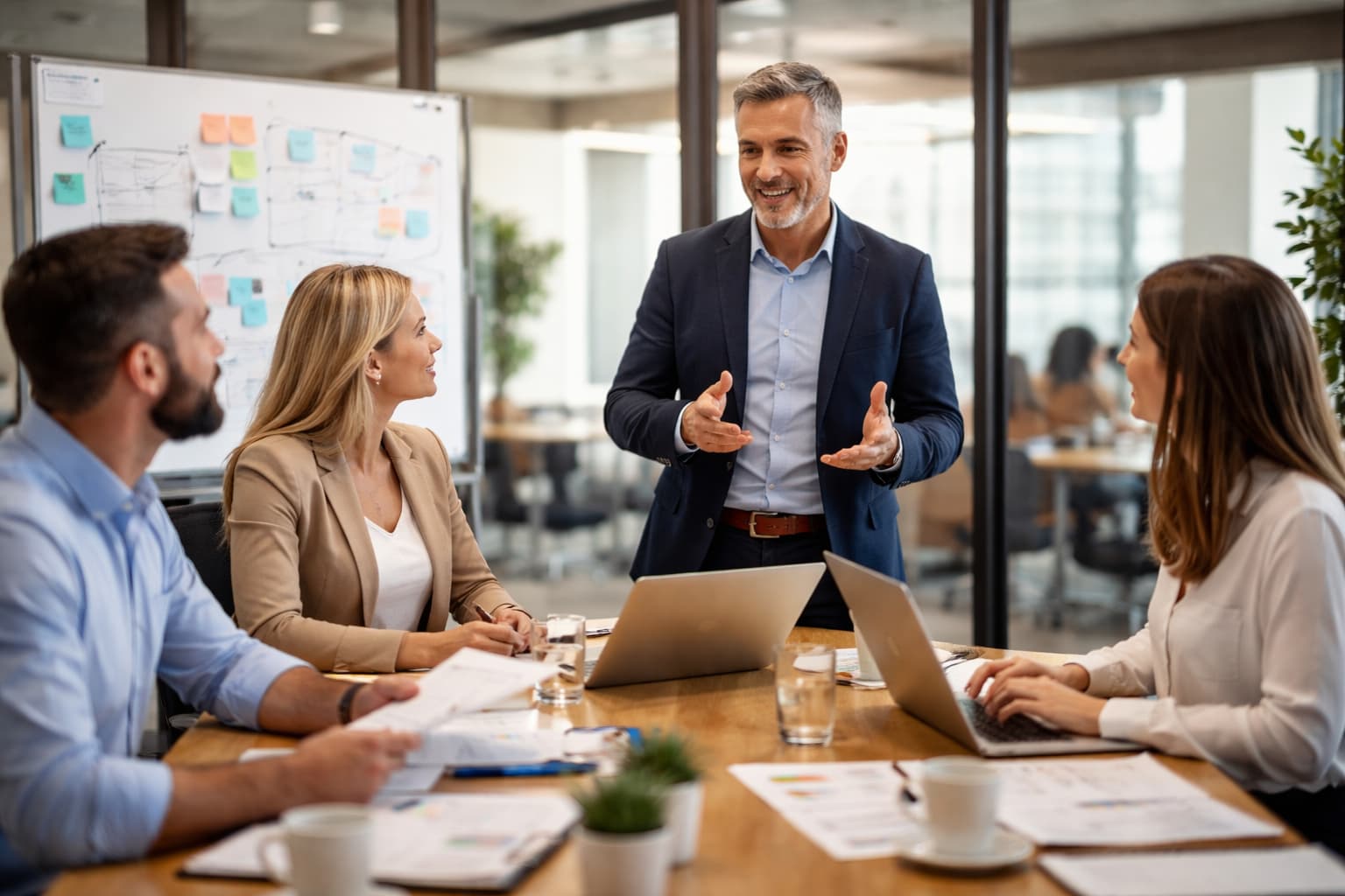 Empresário em pé conversa com três gestores sentados em uma mesa de reunião com laptops e documentos em um escritório moderno.
