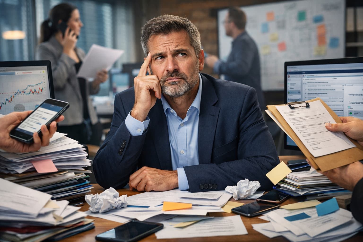 Empresário sentado à mesa com papéis, telas e equipe ao fundo, demonstrando dúvida ao lidar com várias tarefas ao mesmo tempo