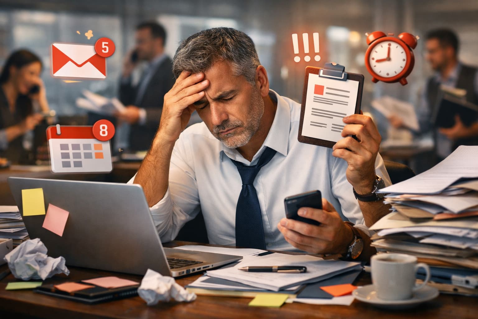Empresário sentado à mesa com laptop e papéis acumulados, olhando o celular enquanto recebe diversas notificações e tarefas ao mesmo tempo
