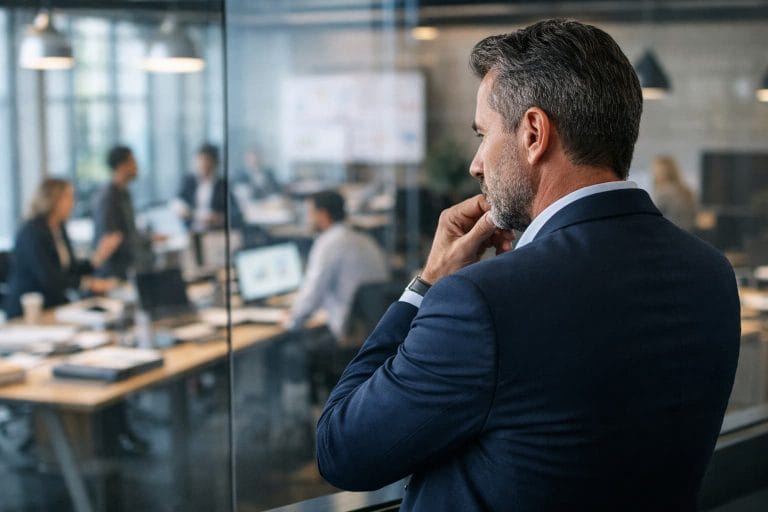 Executivo observa equipe trabalhando em um escritório moderno enquanto analisa a rotina operacional da empresa através de uma parede de vidro.