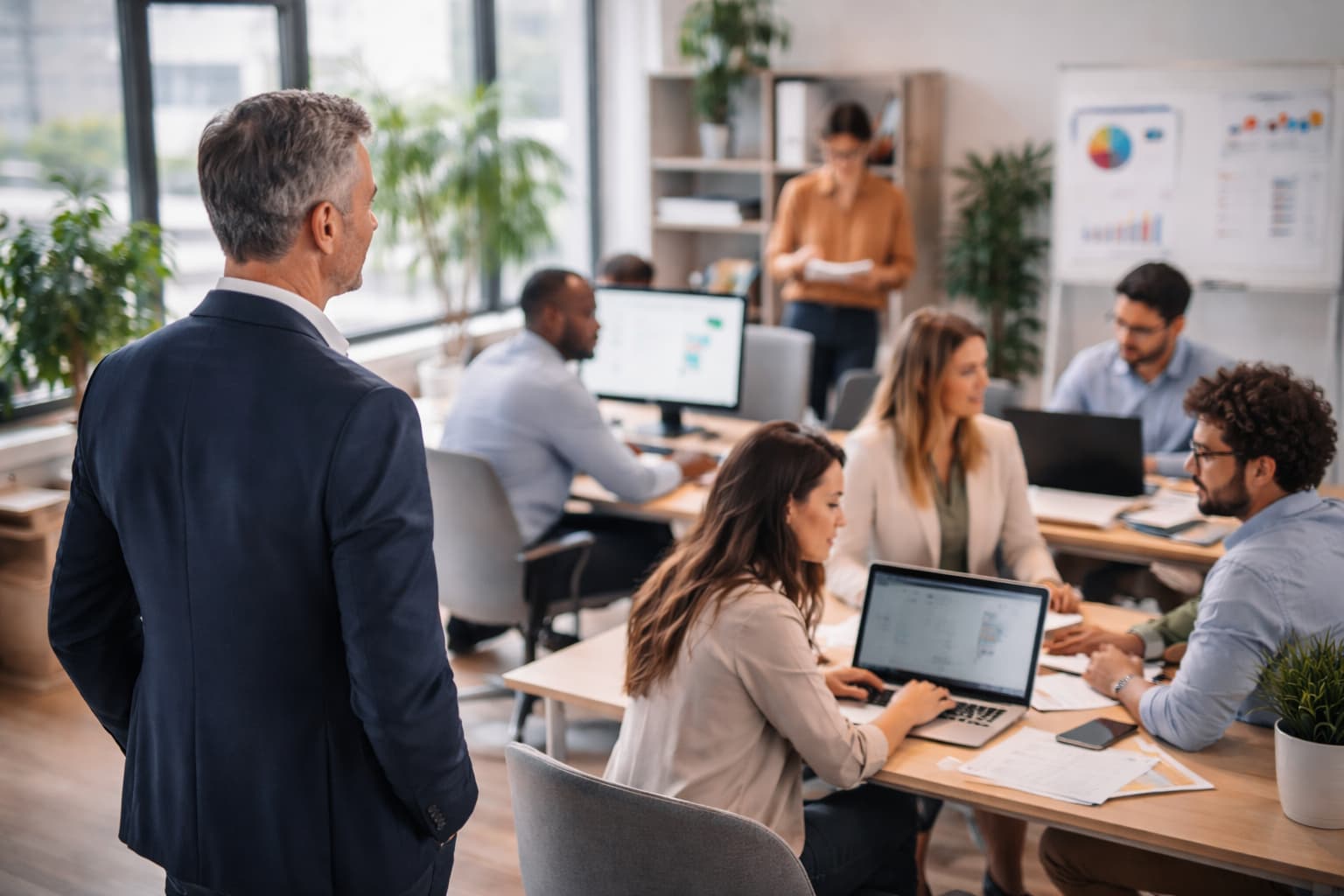 Empresário em pé observa equipe trabalhando de forma independente em escritório moderno com computadores e reuniões em andamento
