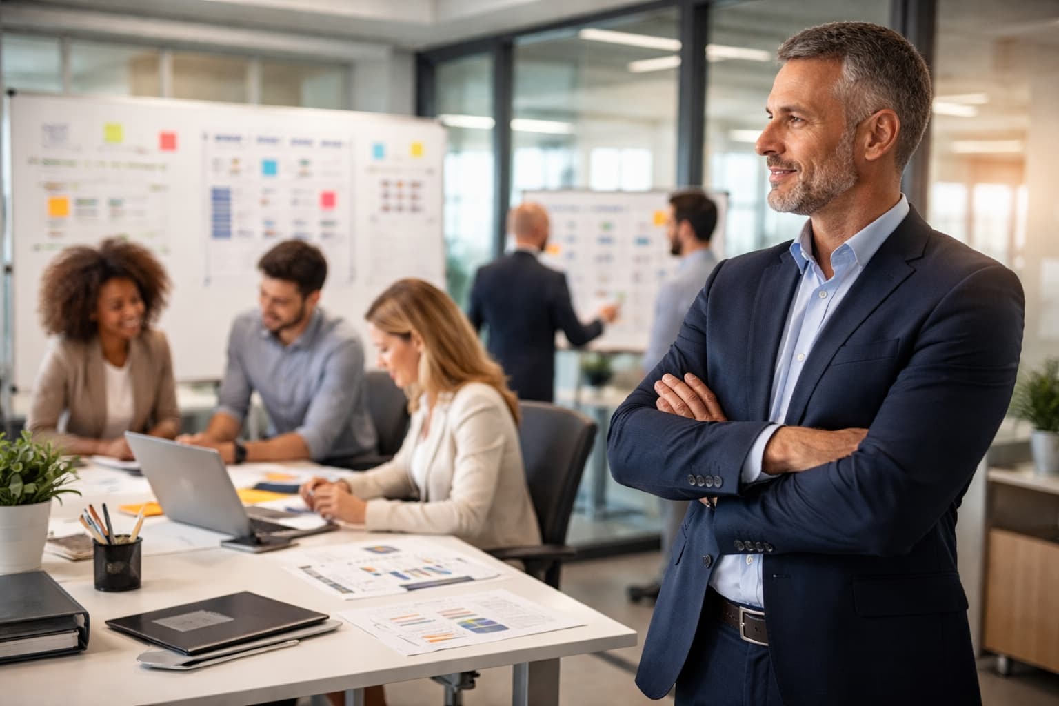 Homem de negócios em pé observa equipe trabalhando de forma colaborativa em escritório moderno, com reuniões e atividades organizadas ao fundo