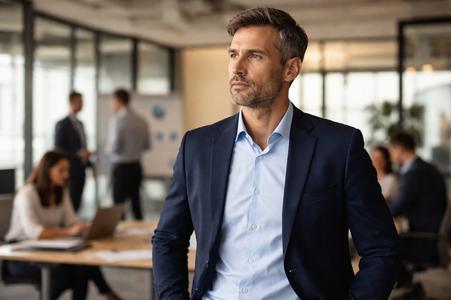 Homem de terno em escritório corporativo olha à frente enquanto equipe trabalha desfocada ao fundo