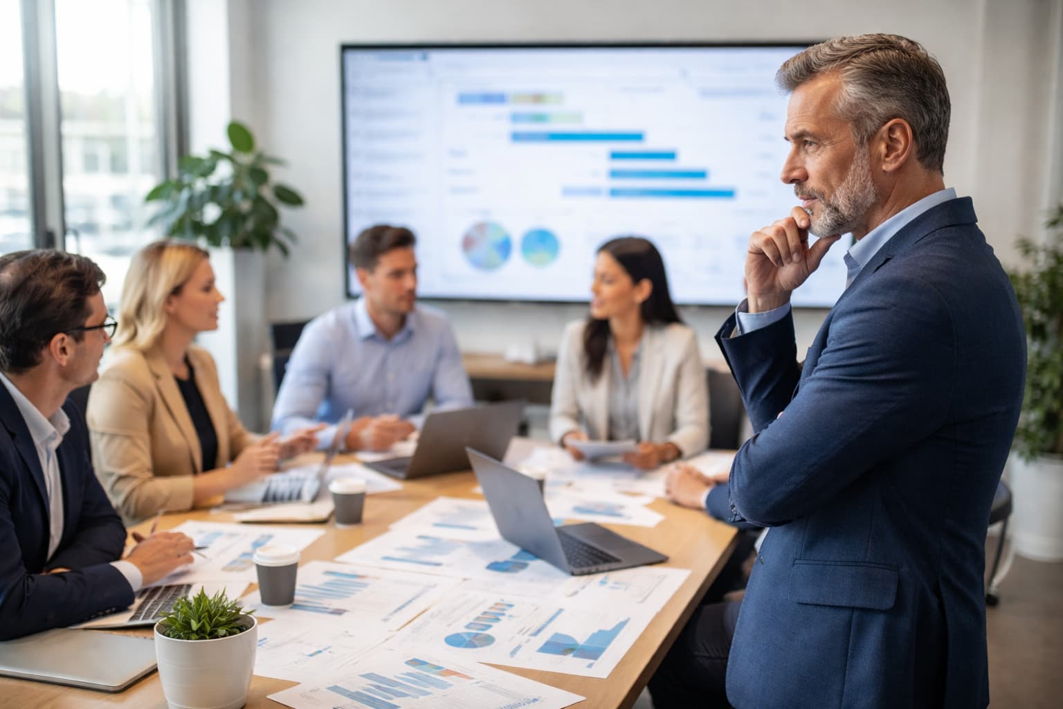 Empresário em pé observa equipe reunida em sala de reunião enquanto gestores analisam gráficos e documentos em discussão estratégica.