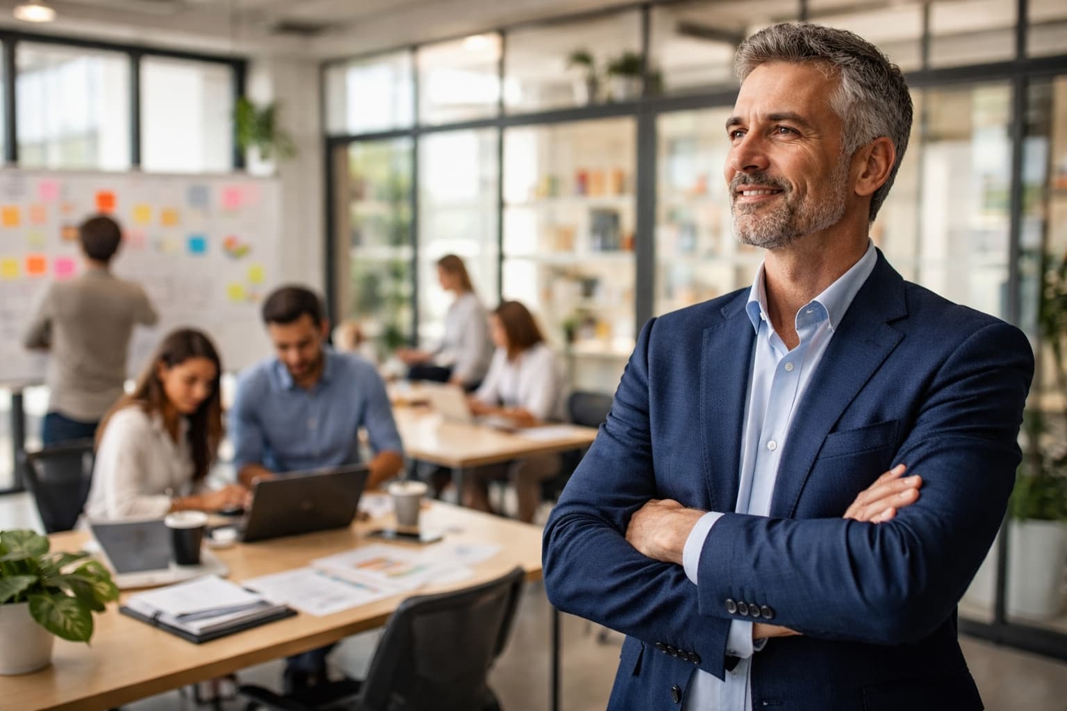 Empresário em pé observa equipe trabalhando de forma independente em escritório moderno e bem estruturado