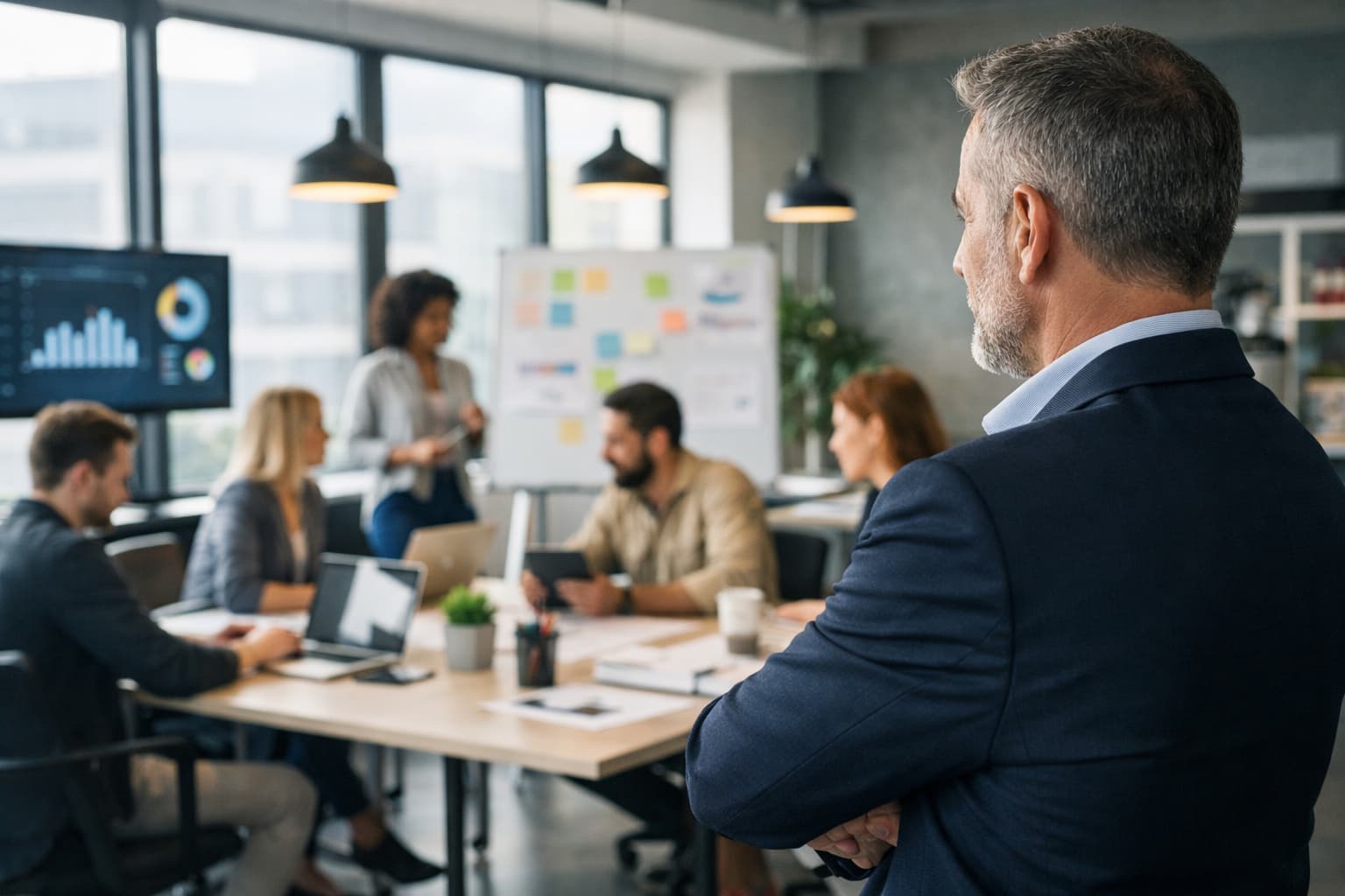 Empresário de pé observa sua equipe reunida em uma mesa de trabalho enquanto analisam projetos e indicadores em um escritório corporativo moderno.