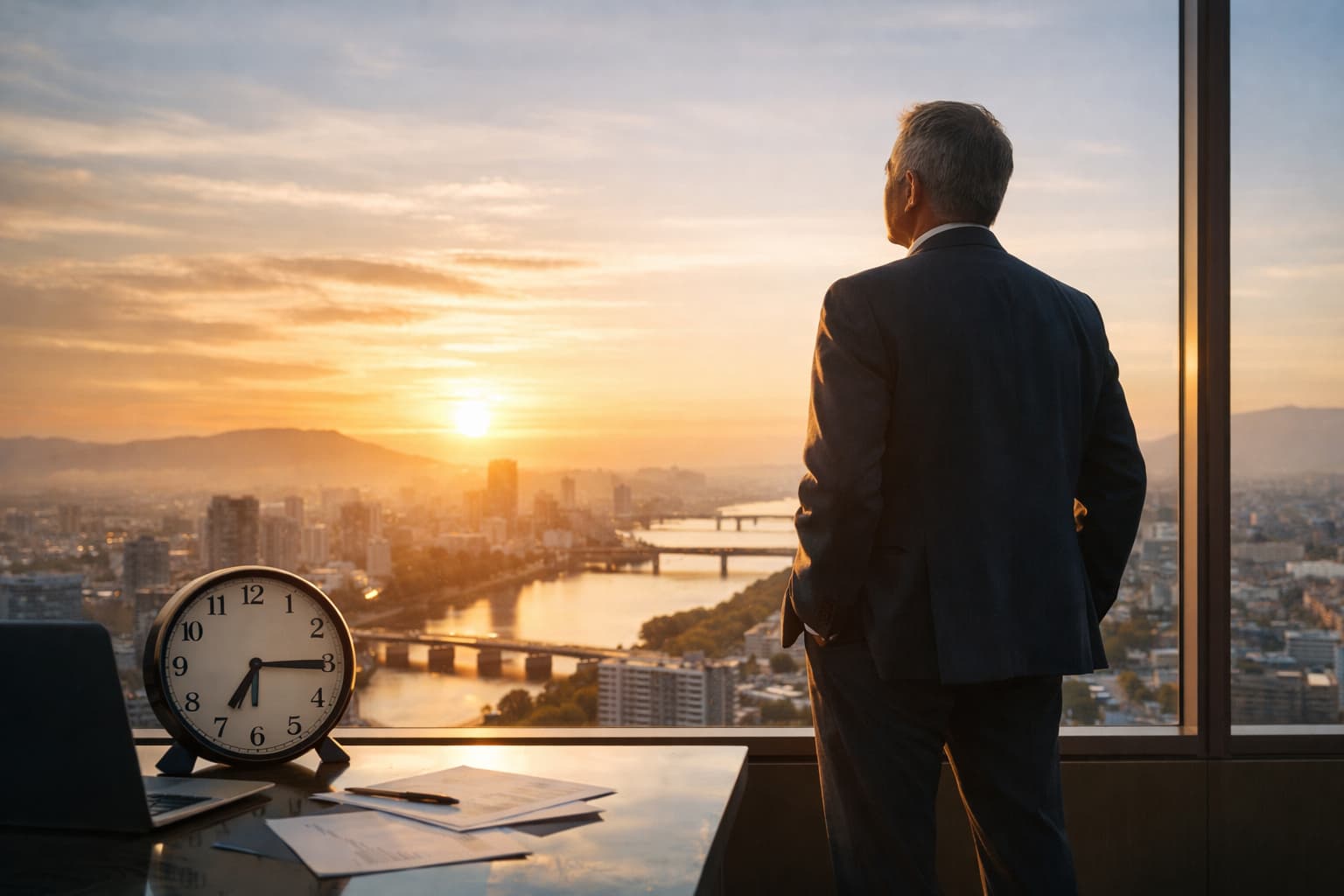 Empresário de terno observa a cidade pela janela do escritório ao pôr do sol, com relógio e documentos sobre a mesa.