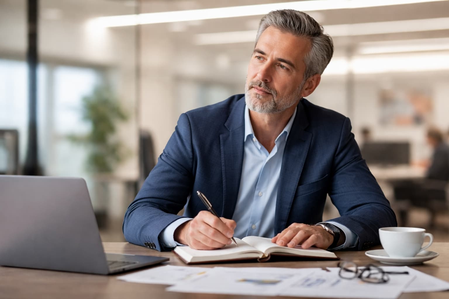 Homem de negócios sentado à mesa escreve em um caderno enquanto observa ao redor, com notebook e café ao lado