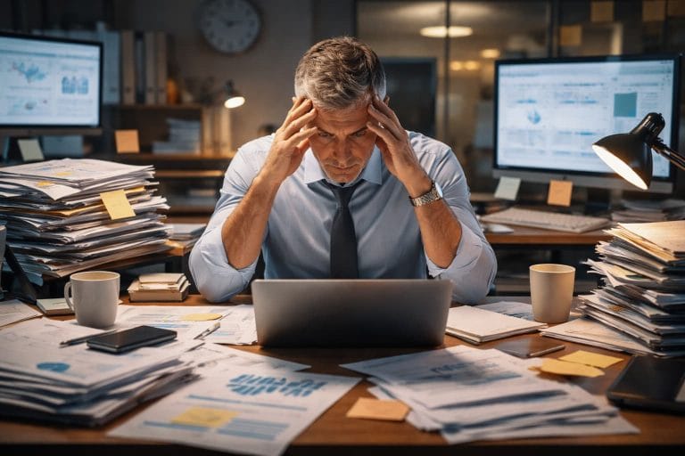 Homem sentado sozinho em escritório, cercado por papéis e telas, segurando a cabeça diante do computador
