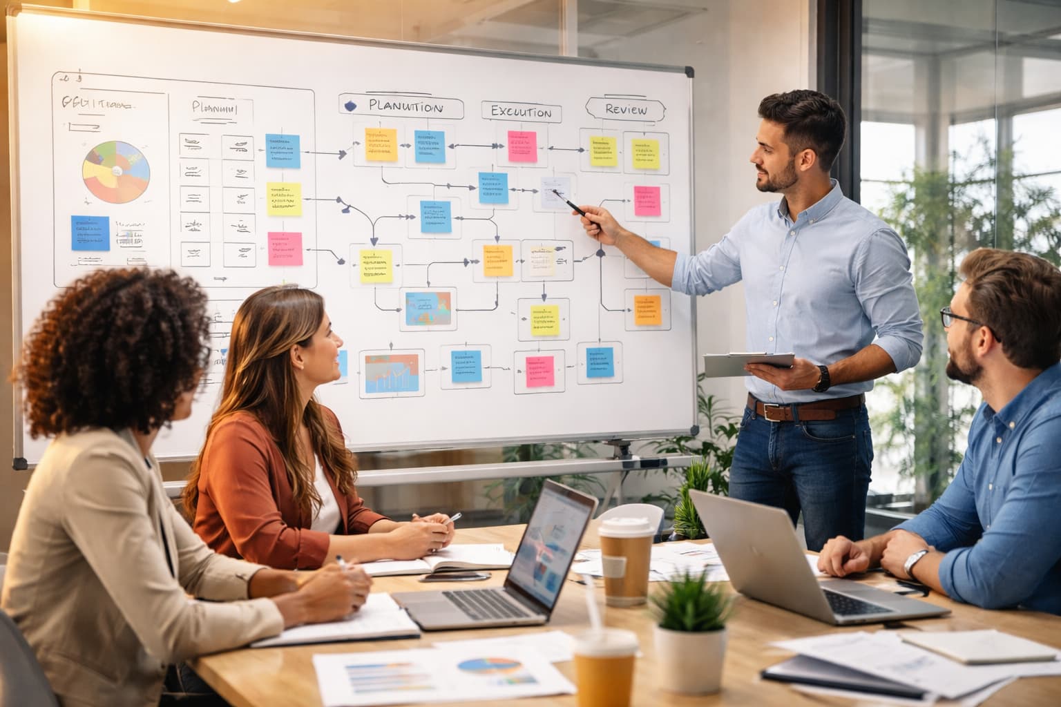 Equipe reunida em escritório analisa fluxos de processos organizados em um quadro branco durante reunião de planejamento