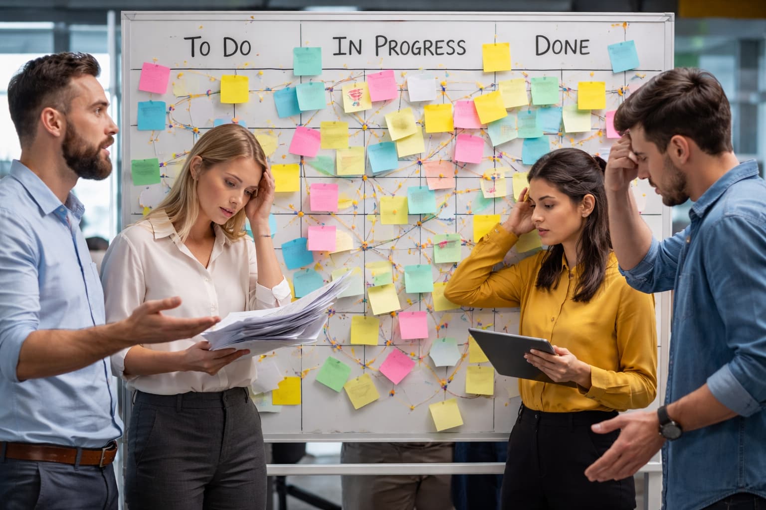 Grupo de profissionais reunido em frente a um quadro Kanban cheio de tarefas e cartões espalhados, discutindo prioridades em um ambiente de escritório.