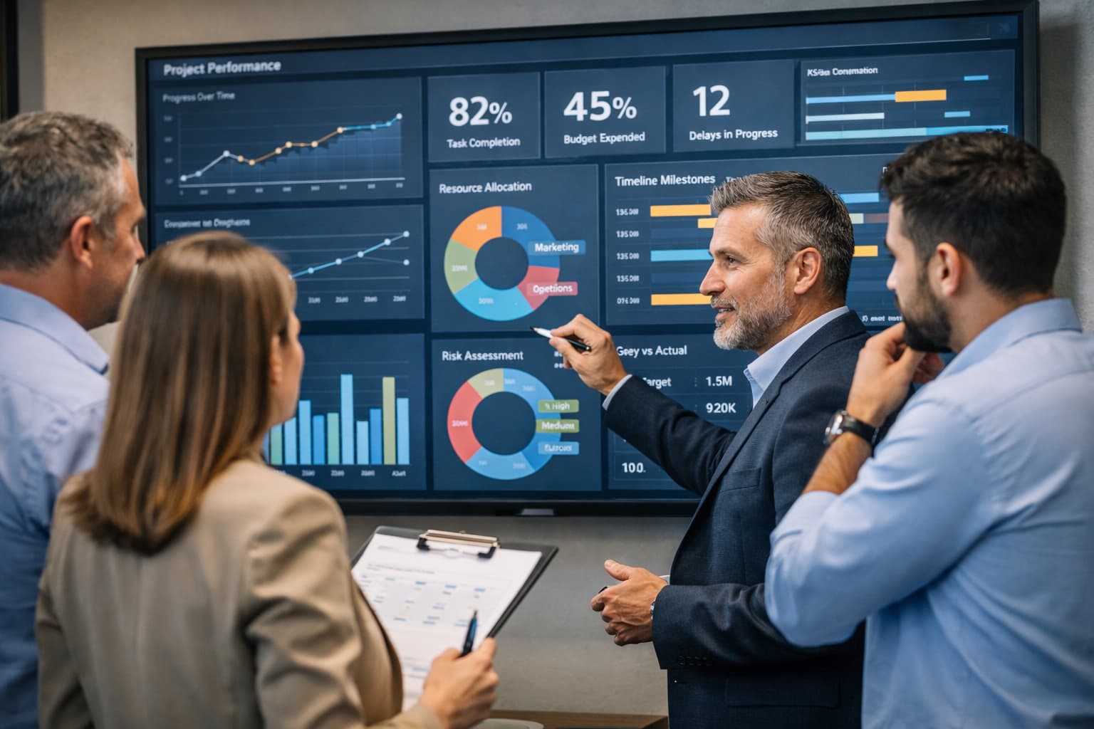 Equipe de profissionais observa painel digital com gráficos e indicadores enquanto um gestor aponta dados em uma tela de dashboard durante reunião de análise.