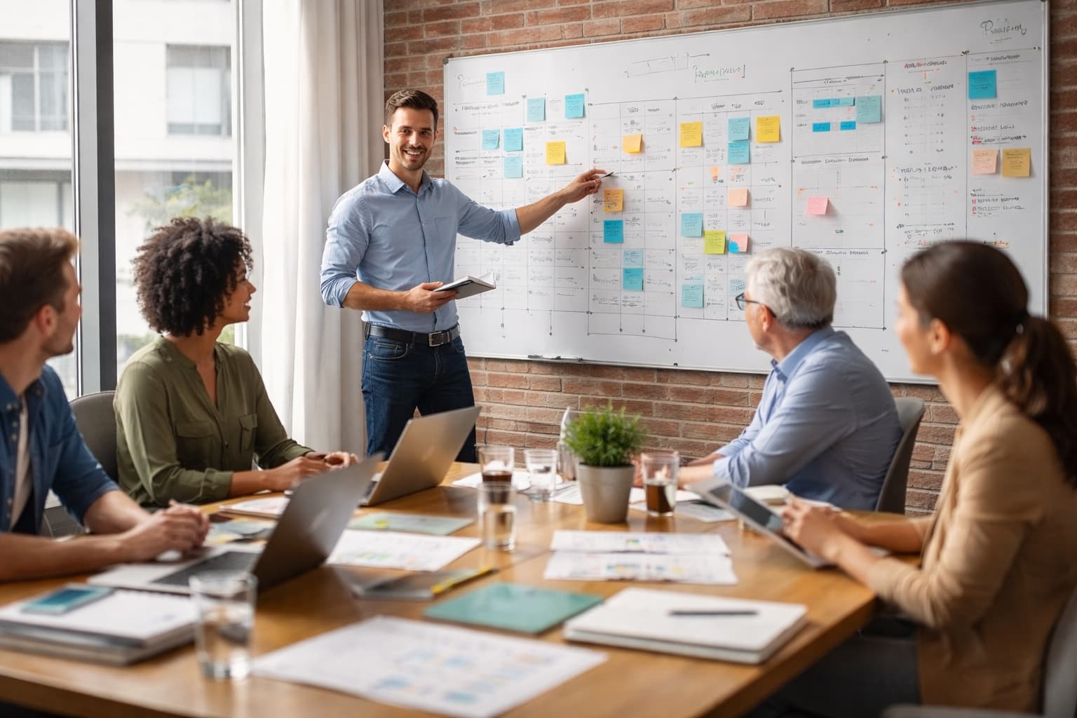 Equipe reunida em sala de reunião enquanto um gestor apresenta planejamento de projetos em um quadro com tarefas e notas adesivas.