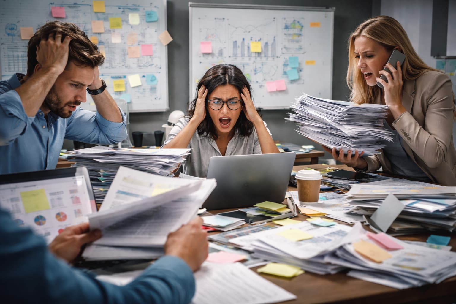Profissionais em escritório cercados por pilhas de documentos, com expressões de estresse enquanto tentam lidar com múltiplas tarefas ao mesmo tempo