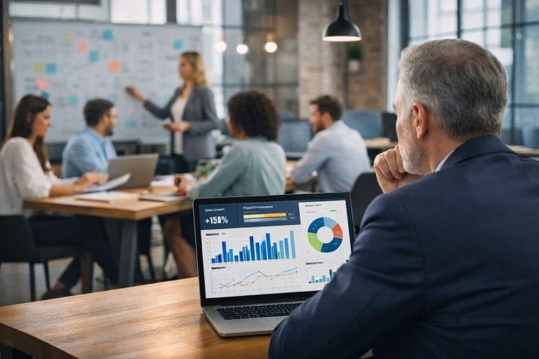 Executivo observa equipe trabalhando em escritório moderno enquanto analisa indicadores de desempenho em um notebook.