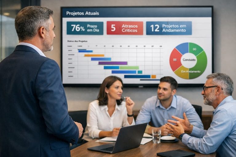 Executivo em pé observa um dashboard de projetos em uma tela enquanto conversa com gestores sentados durante uma reunião de acompanhamento.