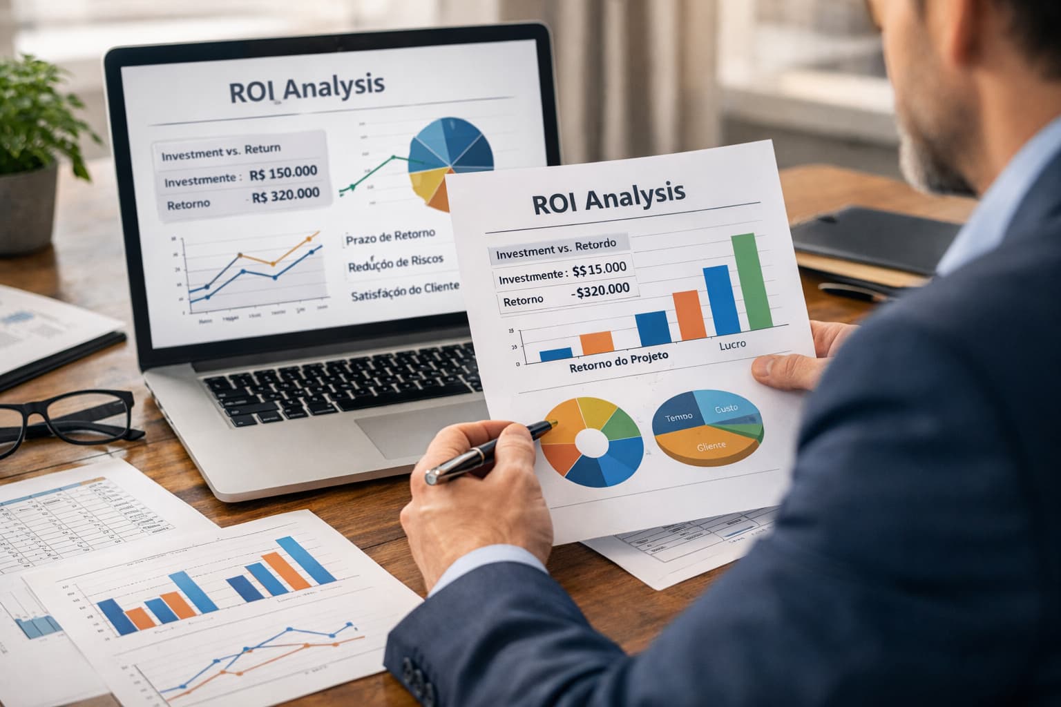 Gestor sentado à mesa analisa gráficos de desempenho e retorno financeiro em um relatório enquanto observa indicadores em um notebook.