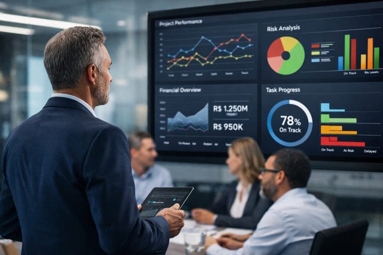 Executivo observa painel digital com gráficos e indicadores de desempenho enquanto equipe discute dados em sala de reunião corporativa