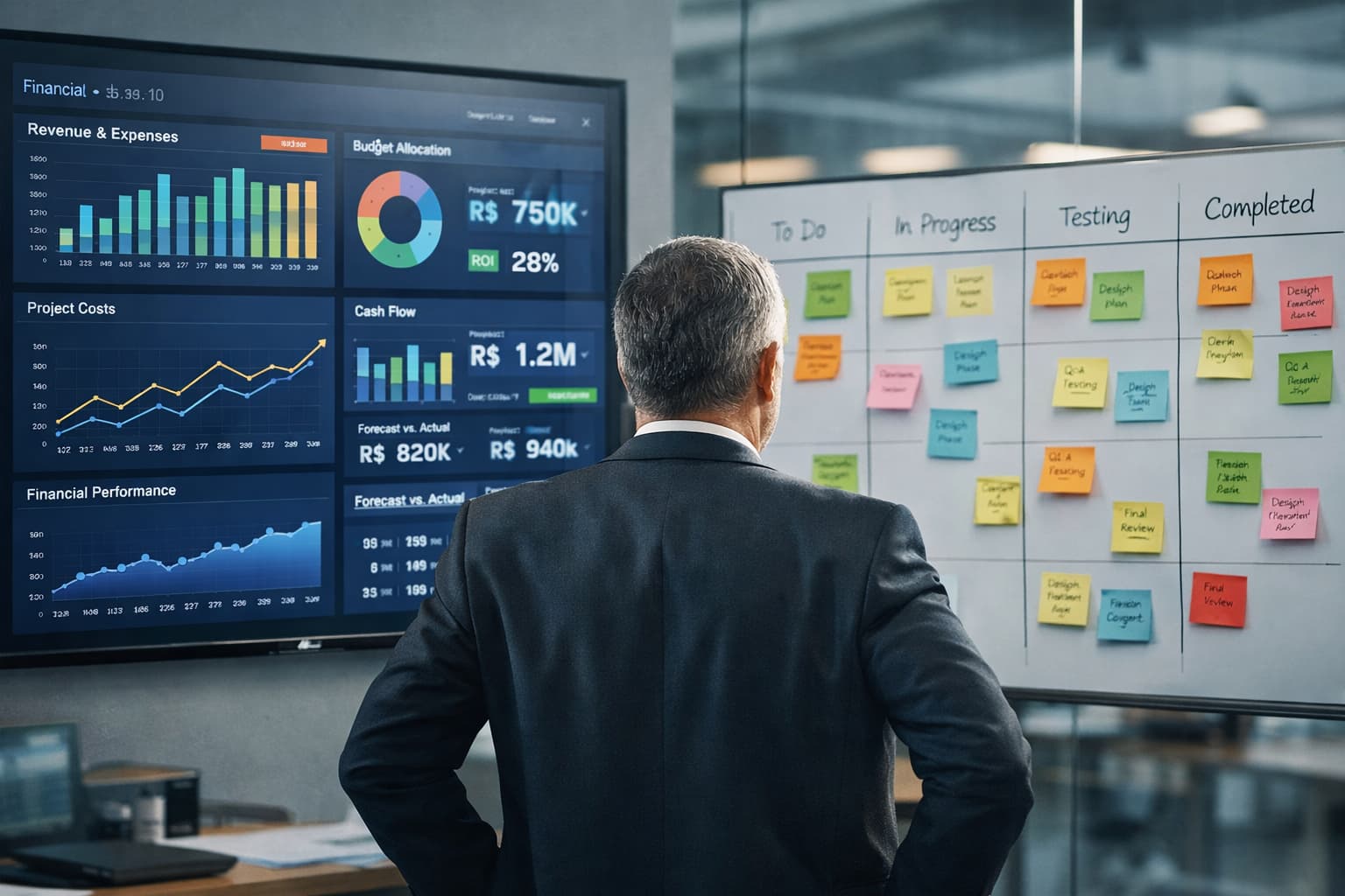 Executivo em escritório moderno observa simultaneamente um painel com indicadores financeiros em um monitor e um quadro de projetos na parede.