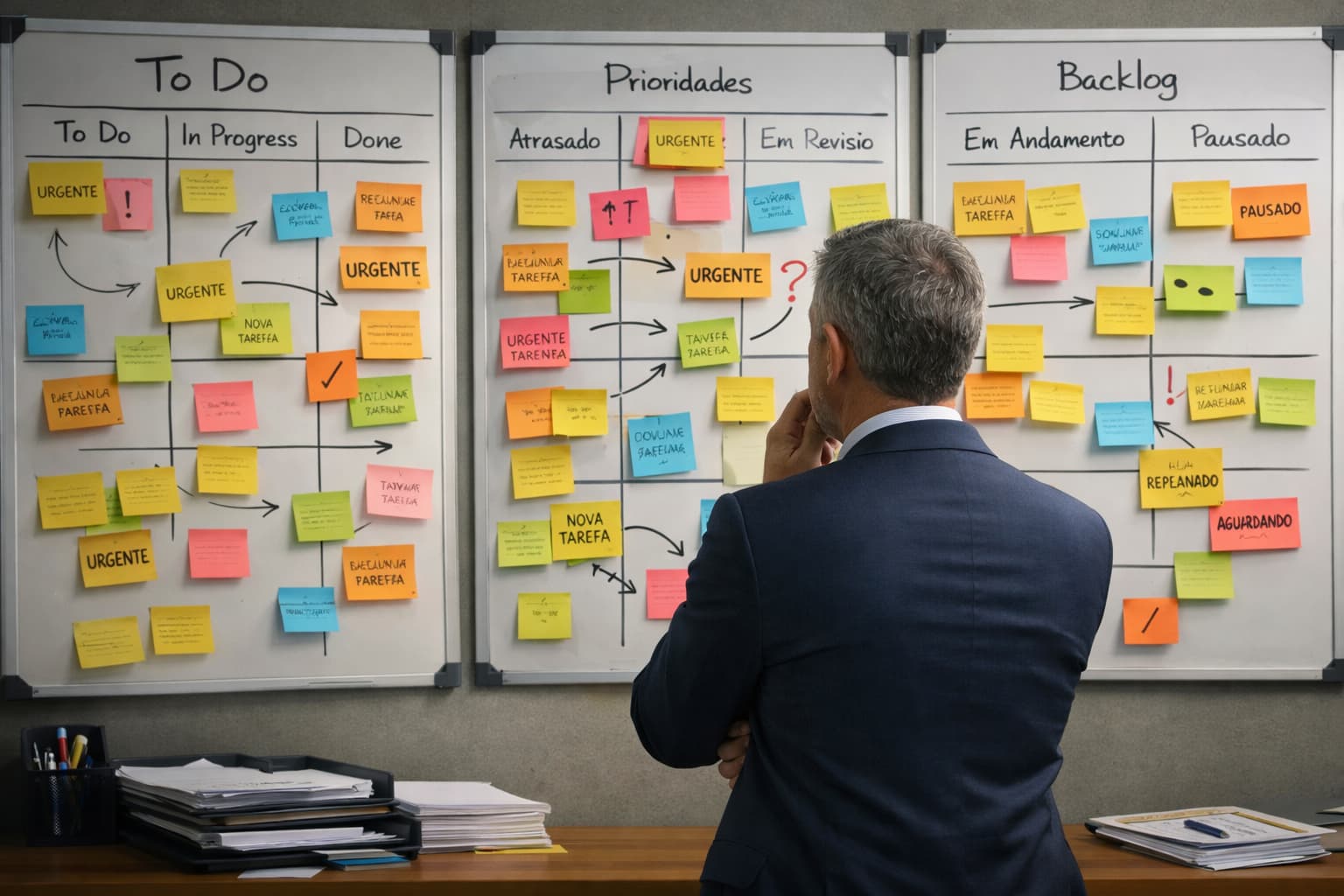 Executivo observa quadros de gestão de projetos com vários post-its reorganizados, indicando mudanças frequentes de tarefas e prioridades.