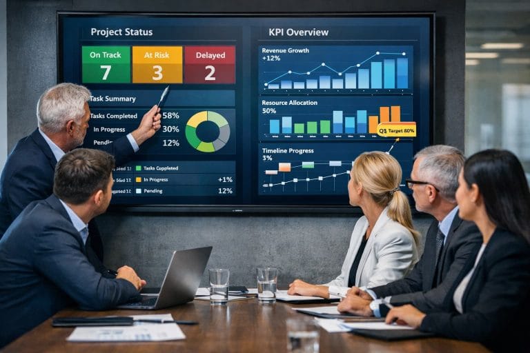 Executivos reunidos em sala de reuniões observam um painel digital com indicadores de projetos, gráficos de desempenho e status de execução.