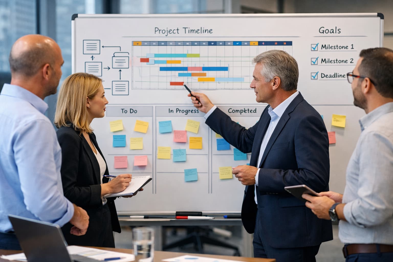 Grupo de executivos reunidos em escritório corporativo observando um quadro de projetos e discutindo decisões estratégicas