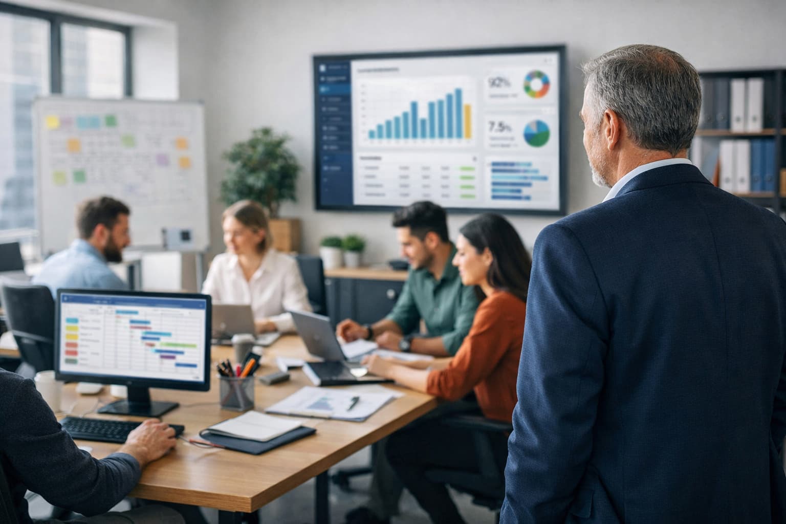 Gestor em pé observa equipe trabalhando de forma independente em escritório com indicadores exibidos em tela