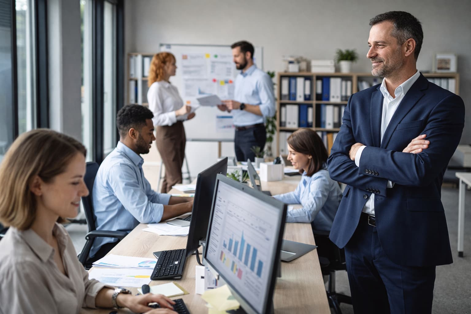 Gestor em pé observando equipe trabalhando de forma independente em escritório, com profissionais focados em suas atividades nos computadores