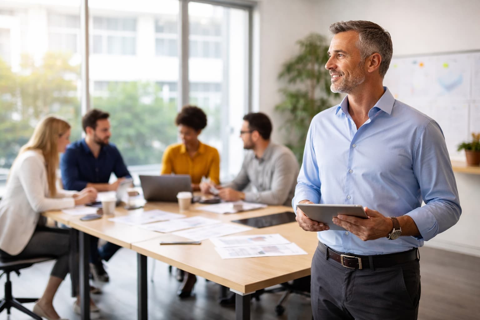 Gestor observa equipe trabalhando em um escritório moderno enquanto colaboradores executam tarefas em estações organizadas