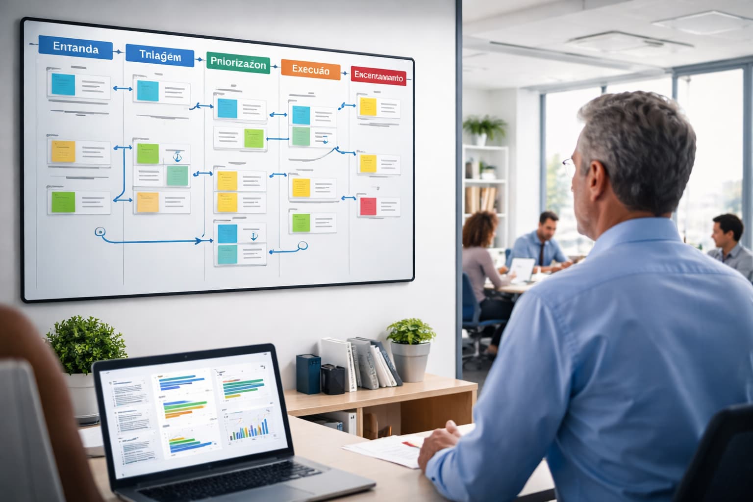 Homem observa quadro com fluxo de projetos organizado enquanto equipe trabalha ao fundo em escritório