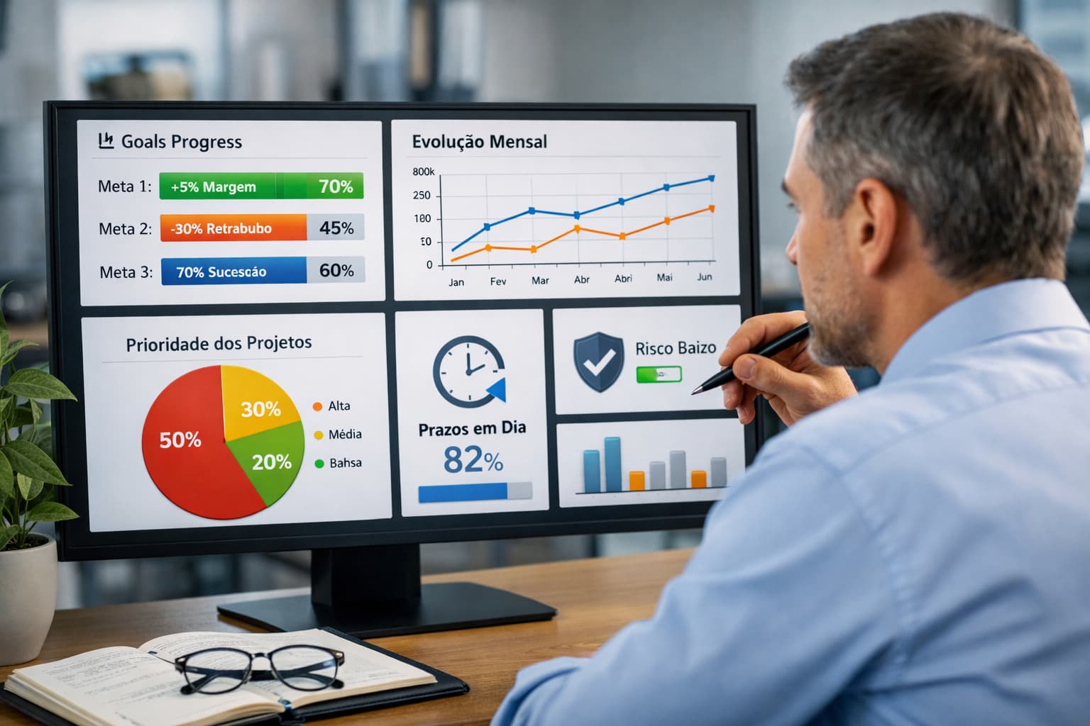 Gestor sentado em frente a um monitor com painel de metas, gráficos de evolução mensal e indicadores de projetos, analisando dados com atenção.