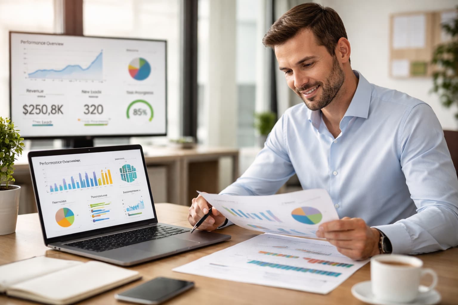 Homem em ambiente corporativo observa gráficos em notebook com expressão tranquila, avaliando indicadores de desempenho