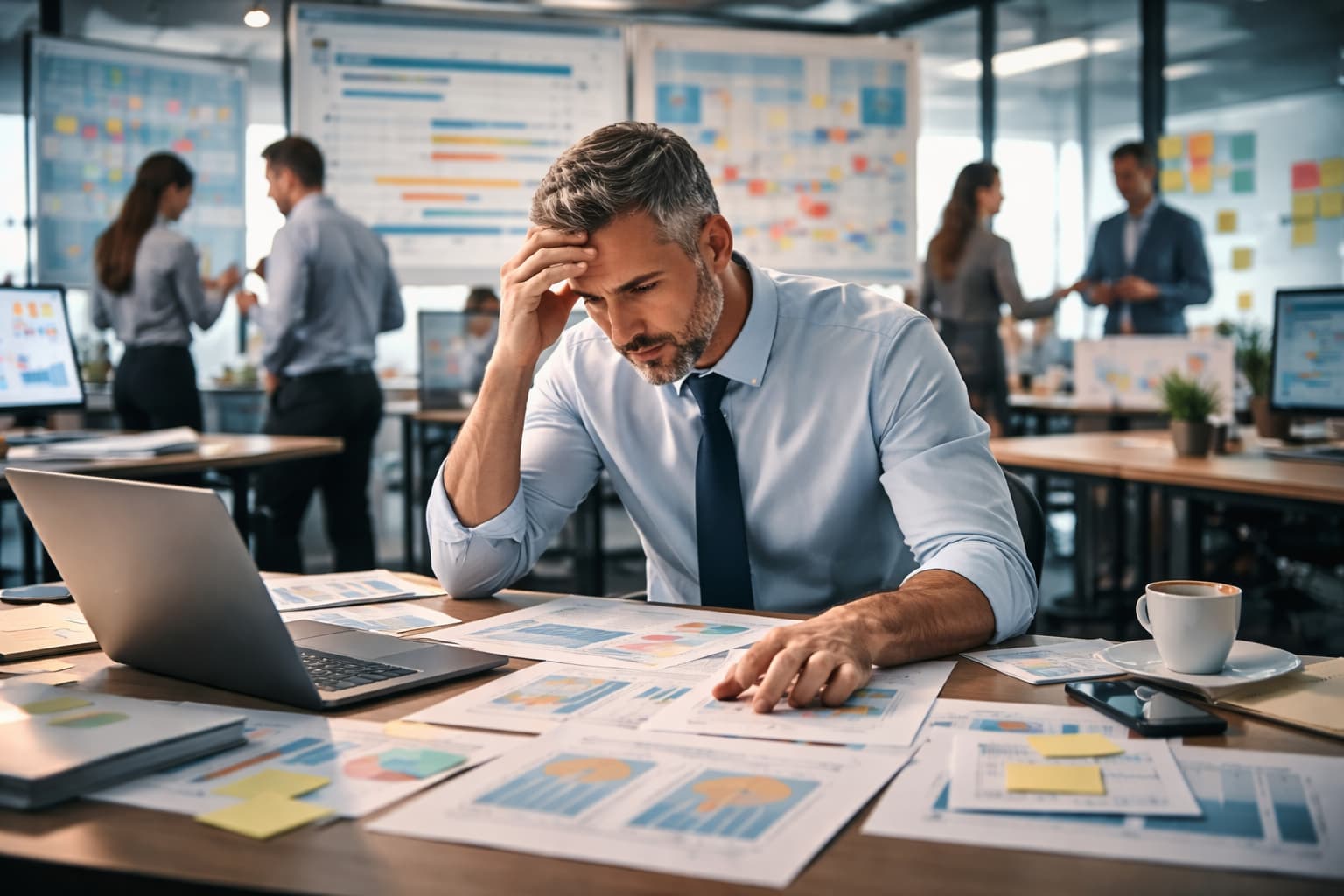 Profissional em escritório analisa várias telas e documentos com dados de projetos ao mesmo tempo