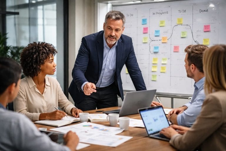 Gestor conversa com equipe em reunião de trabalho enquanto analisa laptop e quadro com planejamento de projetos em um escritório corporativo.