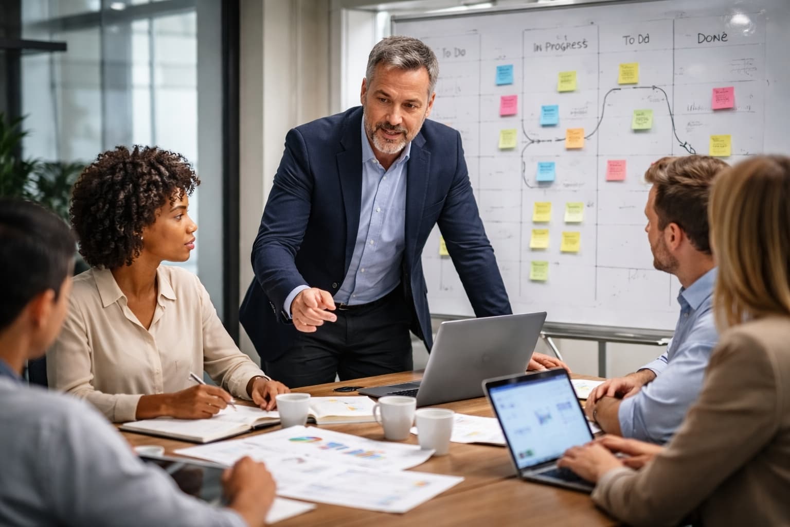 Gestor conversa com equipe em reunião de trabalho enquanto analisa laptop e quadro com planejamento de projetos em um escritório corporativo.
