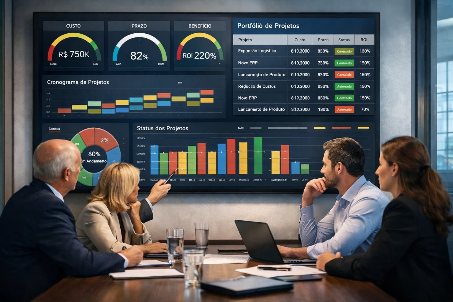 Equipe de gestores reunida em sala de reuniões observando painel digital com indicadores e andamento de projetos corporativos