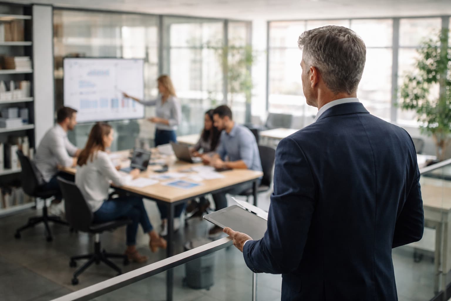 Empresário observa equipe reunida trabalhando com indicadores e laptops em sala de reunião corporativa