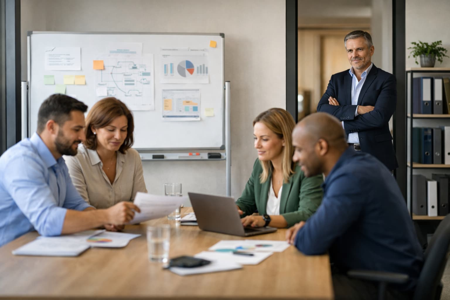 Equipe reunida em mesa de trabalho enquanto líder acompanha à distância, sem interferir diretamente